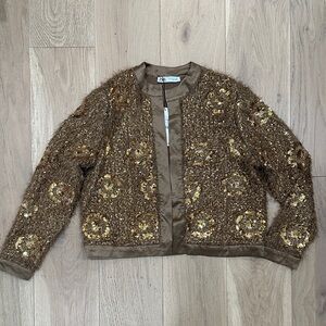 Zara Brown and Gold Sequin Embroidered Jacket